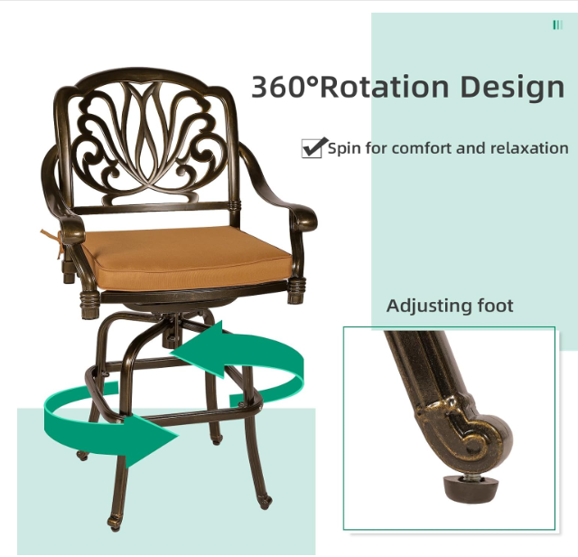 5-Piece Patio Swivel Bar Stools Set, All Weather Cast Aluminum Outdoor Bar Height Bistro Set with 4 Cushioned Bar Chairs & 38.5" High Bar Table w/Umbrella Hole for Backyard