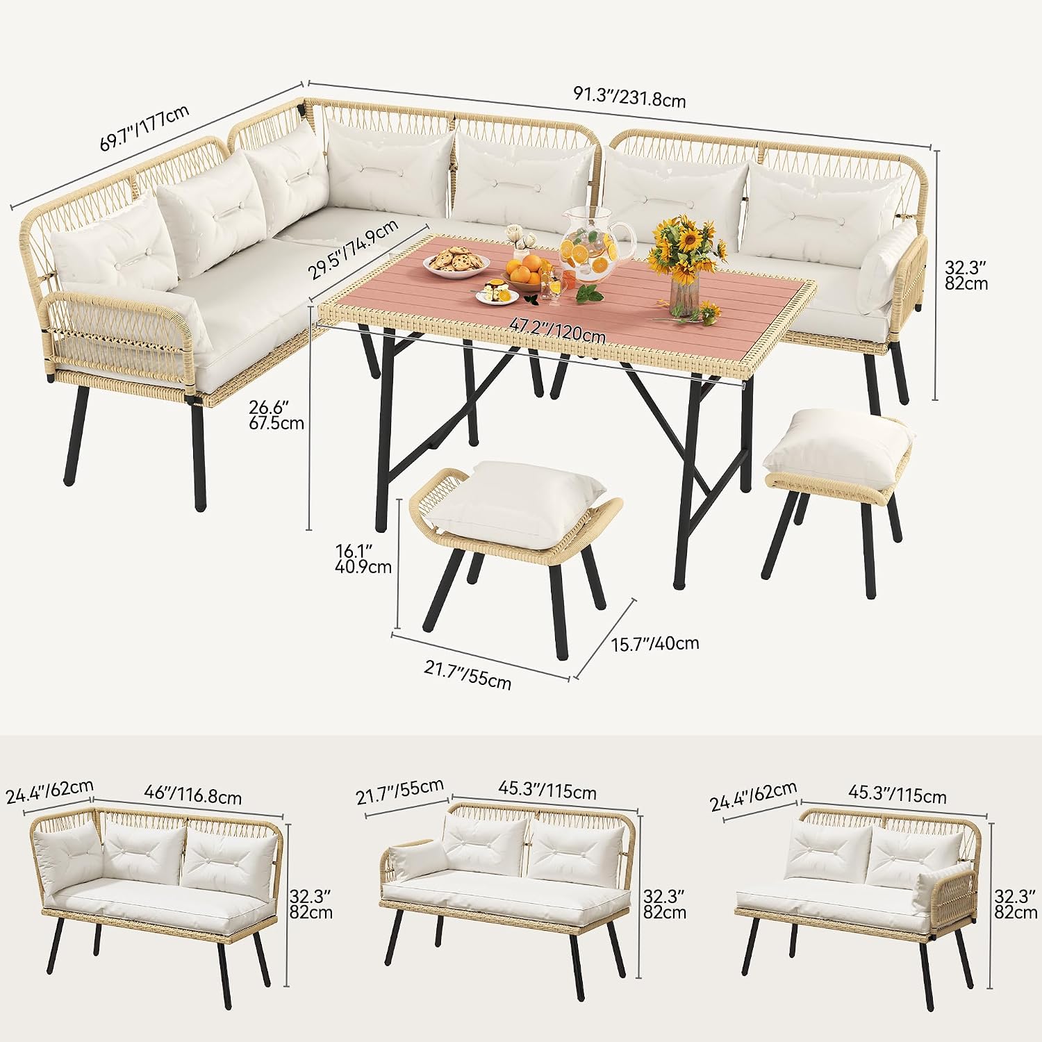 9 Pieces Patio Wicker L-Shaped Dining Set