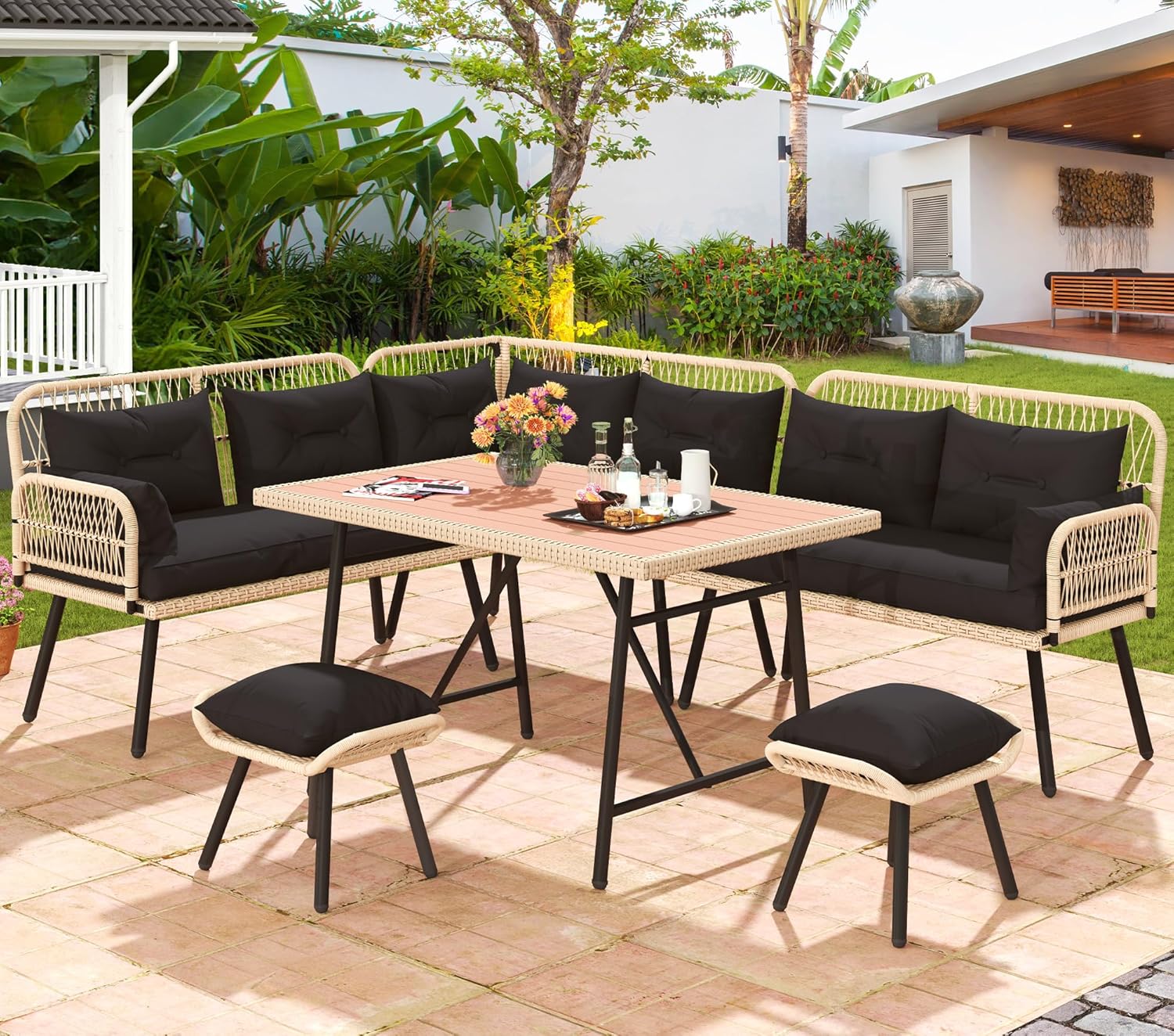 9 Pieces Patio Wicker L-Shaped Dining Set