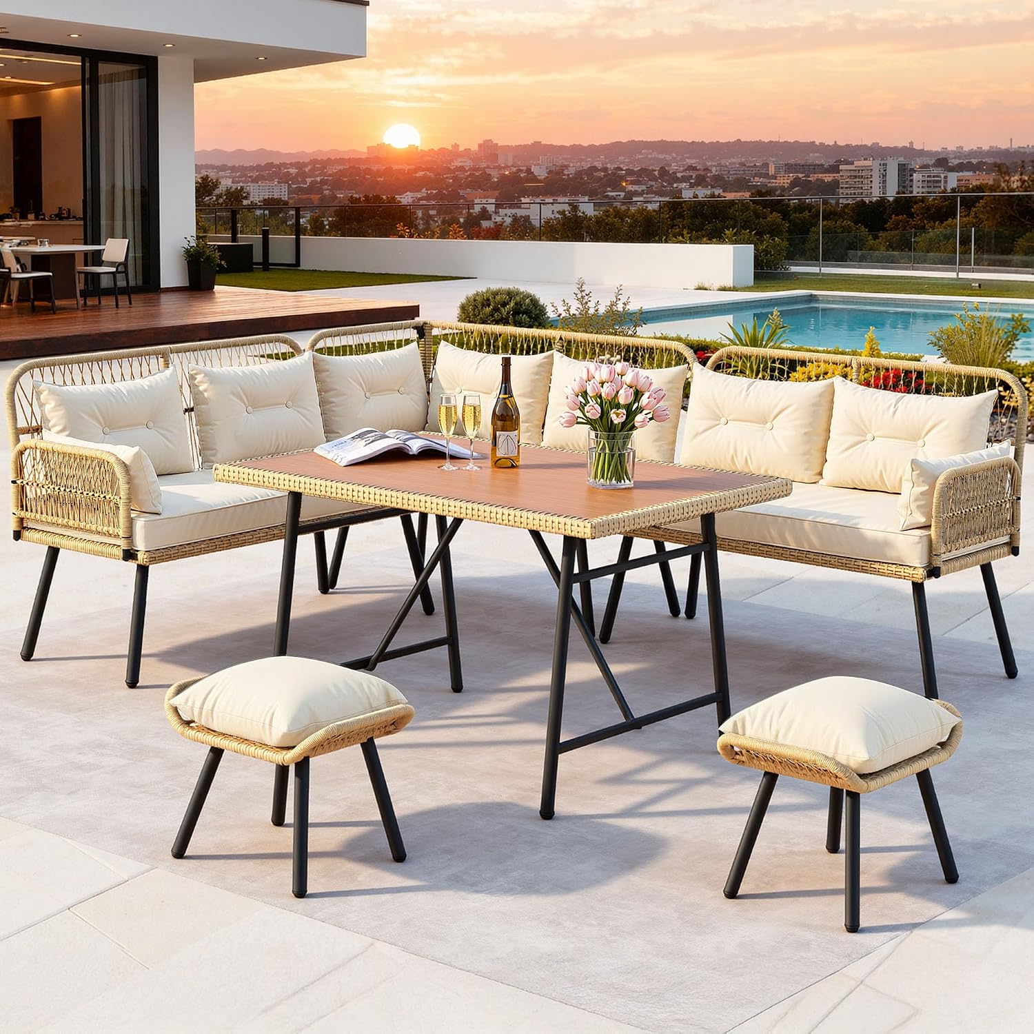 9 Pieces Patio Wicker L-Shaped Dining Set