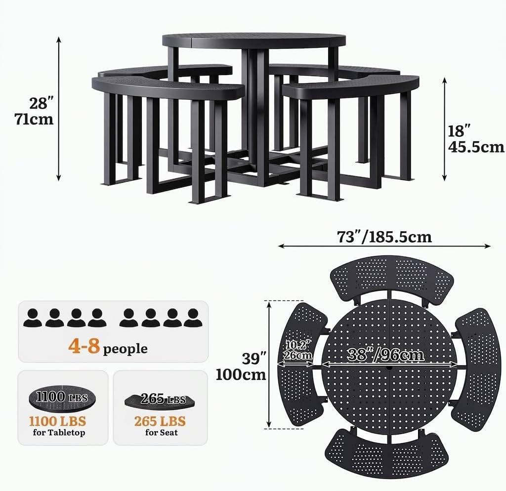 Round Metal Picnic Table with Umbrella Hole