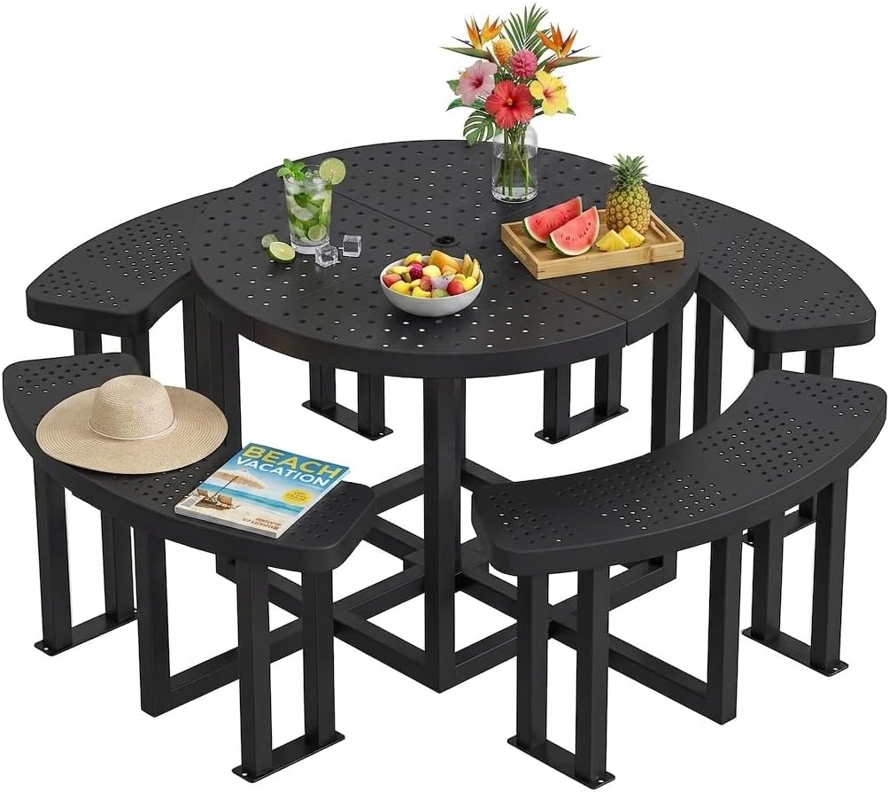 Round Metal Picnic Table with Umbrella Hole