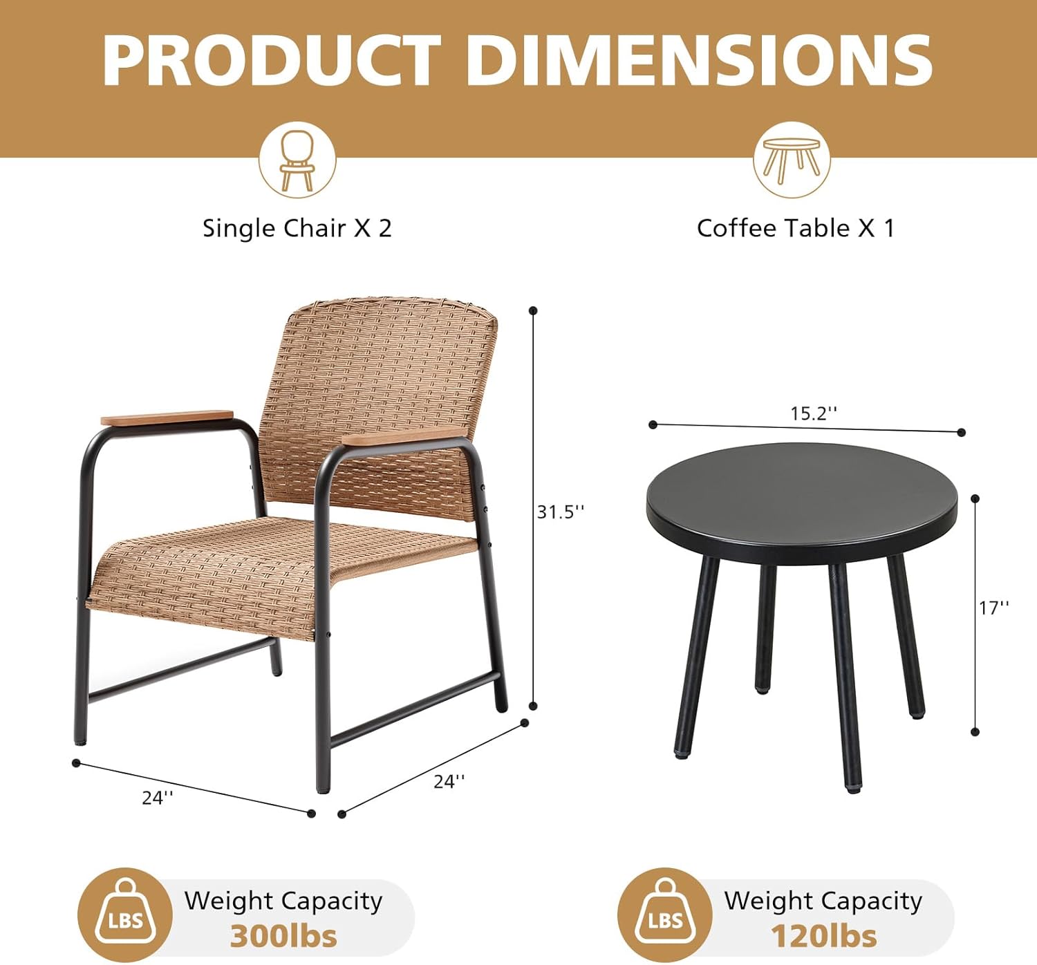 3-Piece Outdoor Bistro Set with Side Table