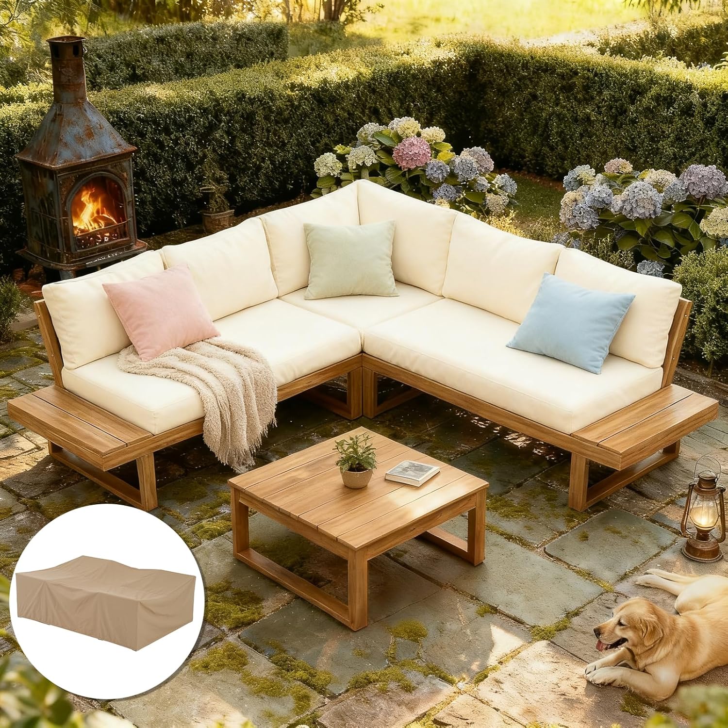4 Piece Acacia Wood Patio Furniture with Waterproof Cover