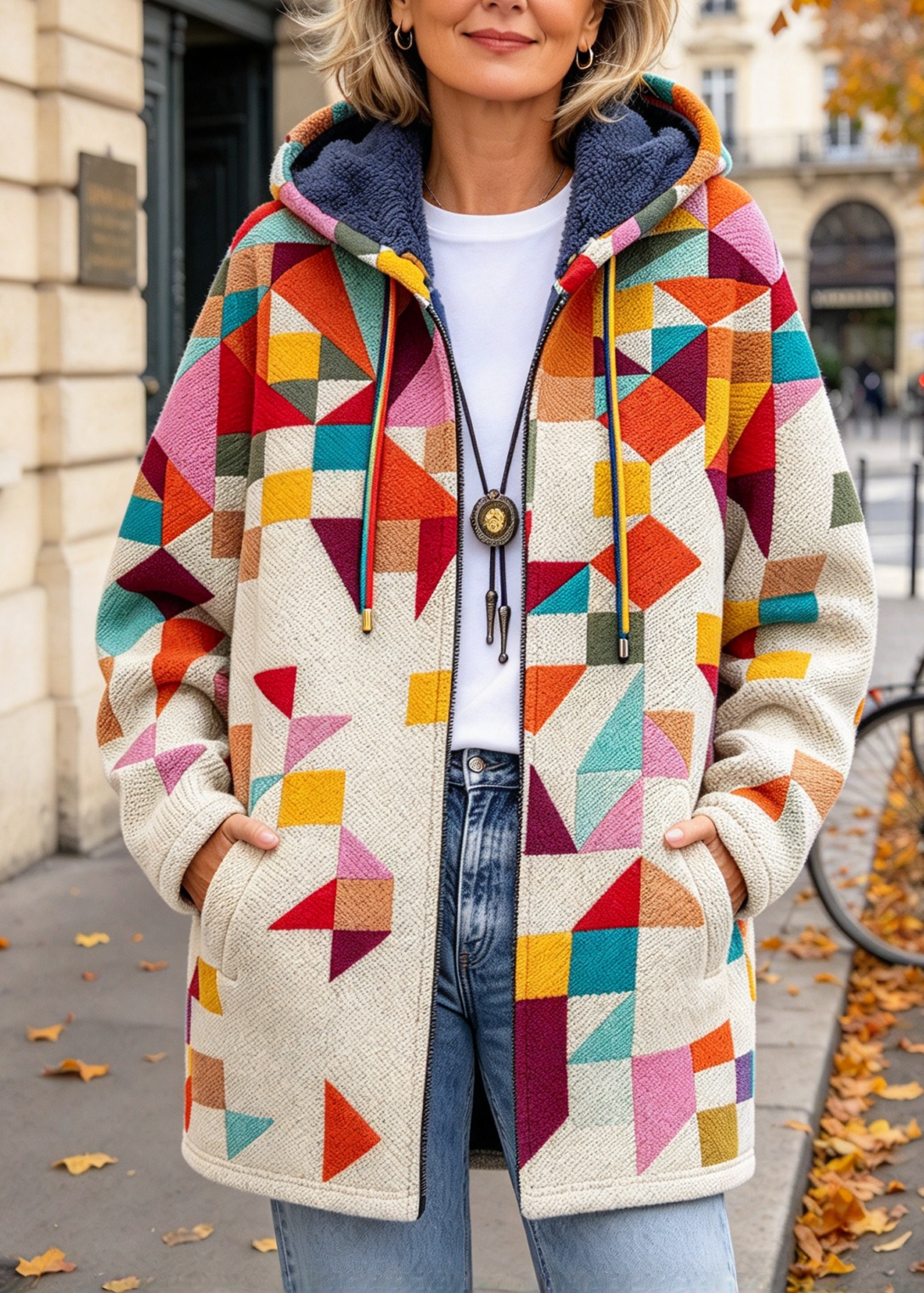 Geometric Plush Lined Hooded Jacket