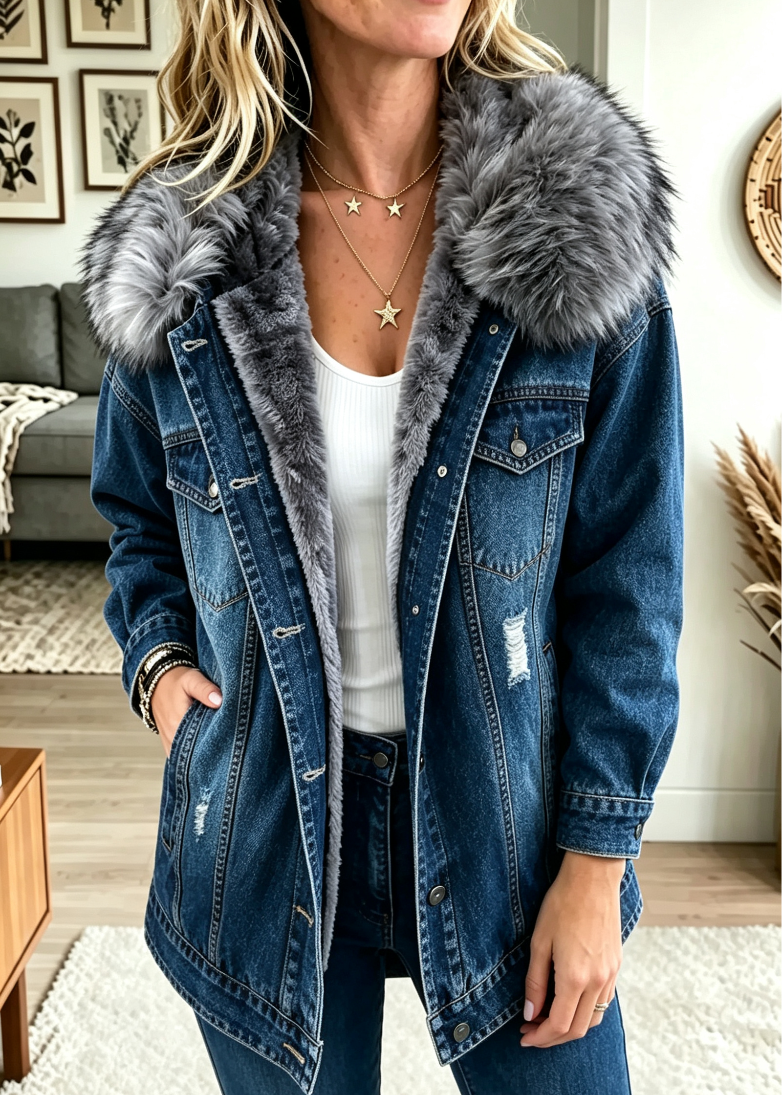 Women's Faux Fur Collar Fleece-Lined Denim Jacket