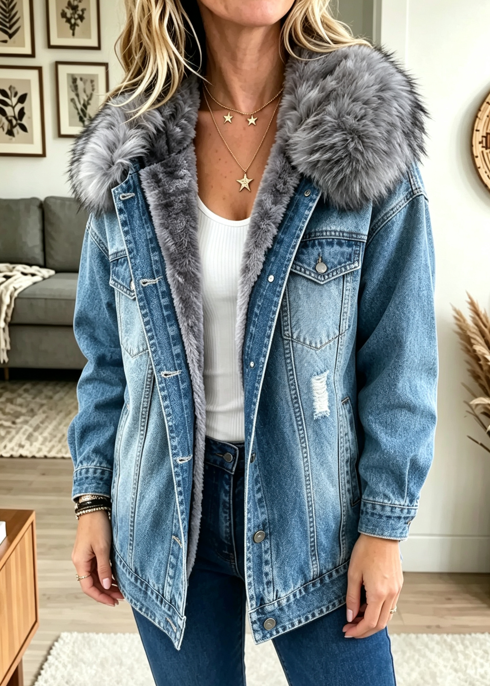 Women's Faux Fur Collar Fleece-Lined Denim Jacket