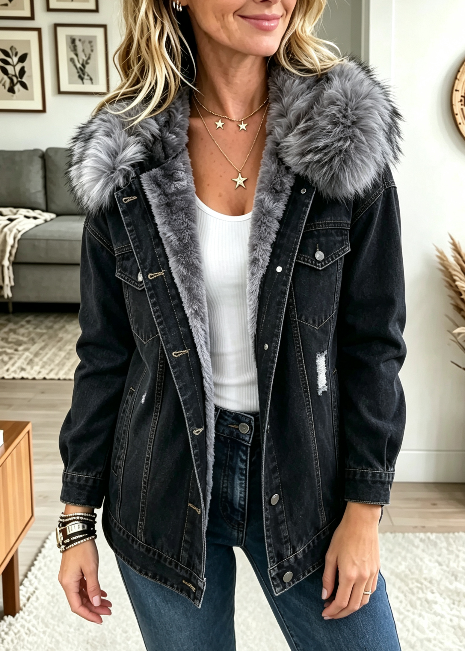 Women's Faux Fur Collar Fleece-Lined Denim Jacket