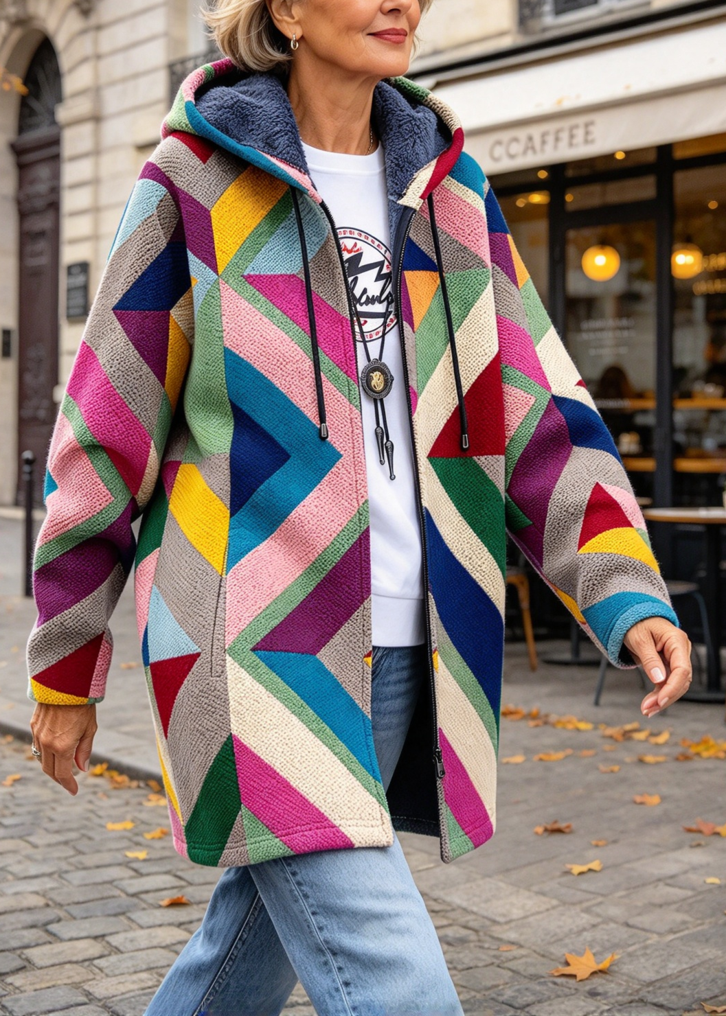 Geometric Plush Lined Hooded Jacket