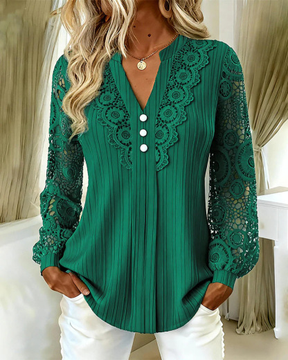 Women's Lace Patchwork V-Neck Long Sleeve Top