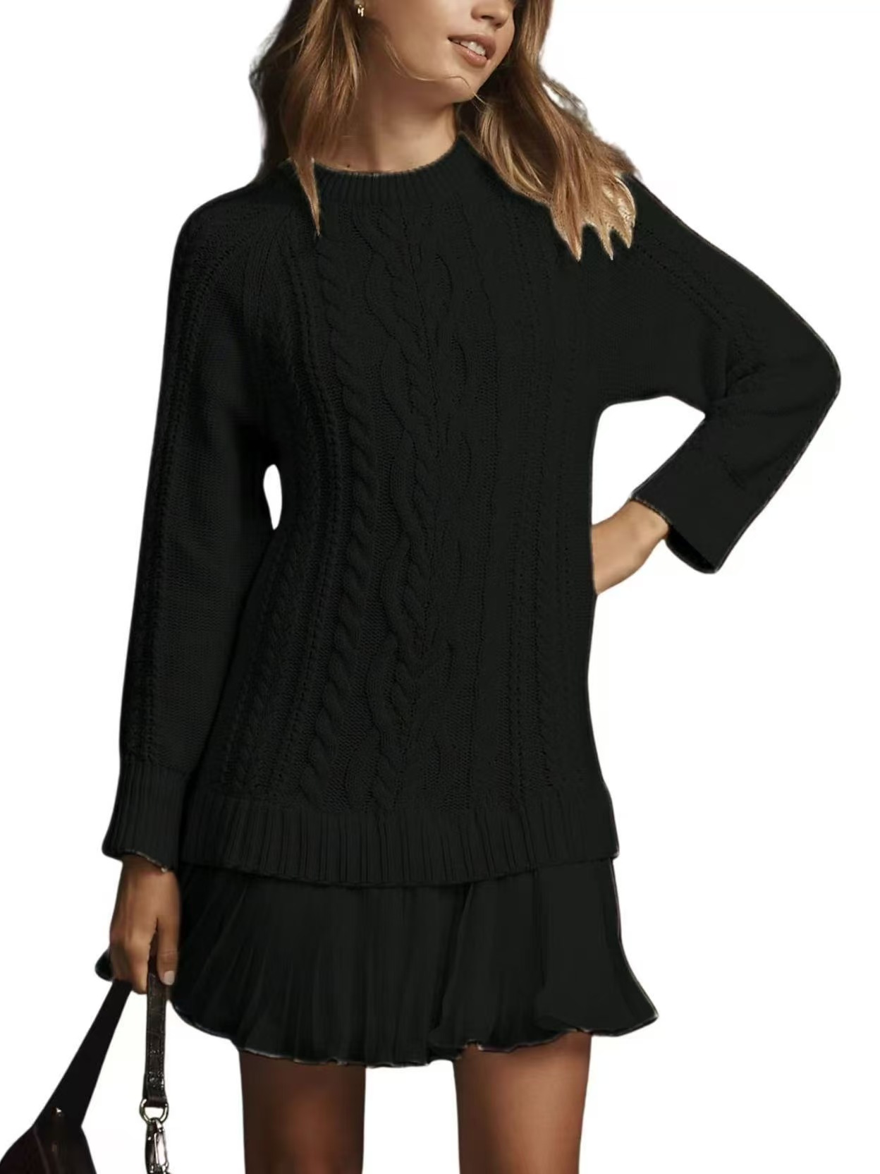Women Cable Knit Sweater Dress Crewneck Long Sleeve Pleated Mini Dress Twofer Style Patchwork Dress