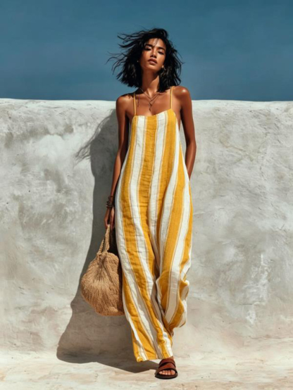Women's Minimalist Vacation-style Striped Printed Suspender Jumpsuit MDZ1085B0Y