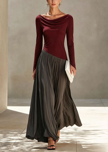 Women's Long-sleeved Casual Loose-fitting Color-blocked Dress With A Ruffled Neckline