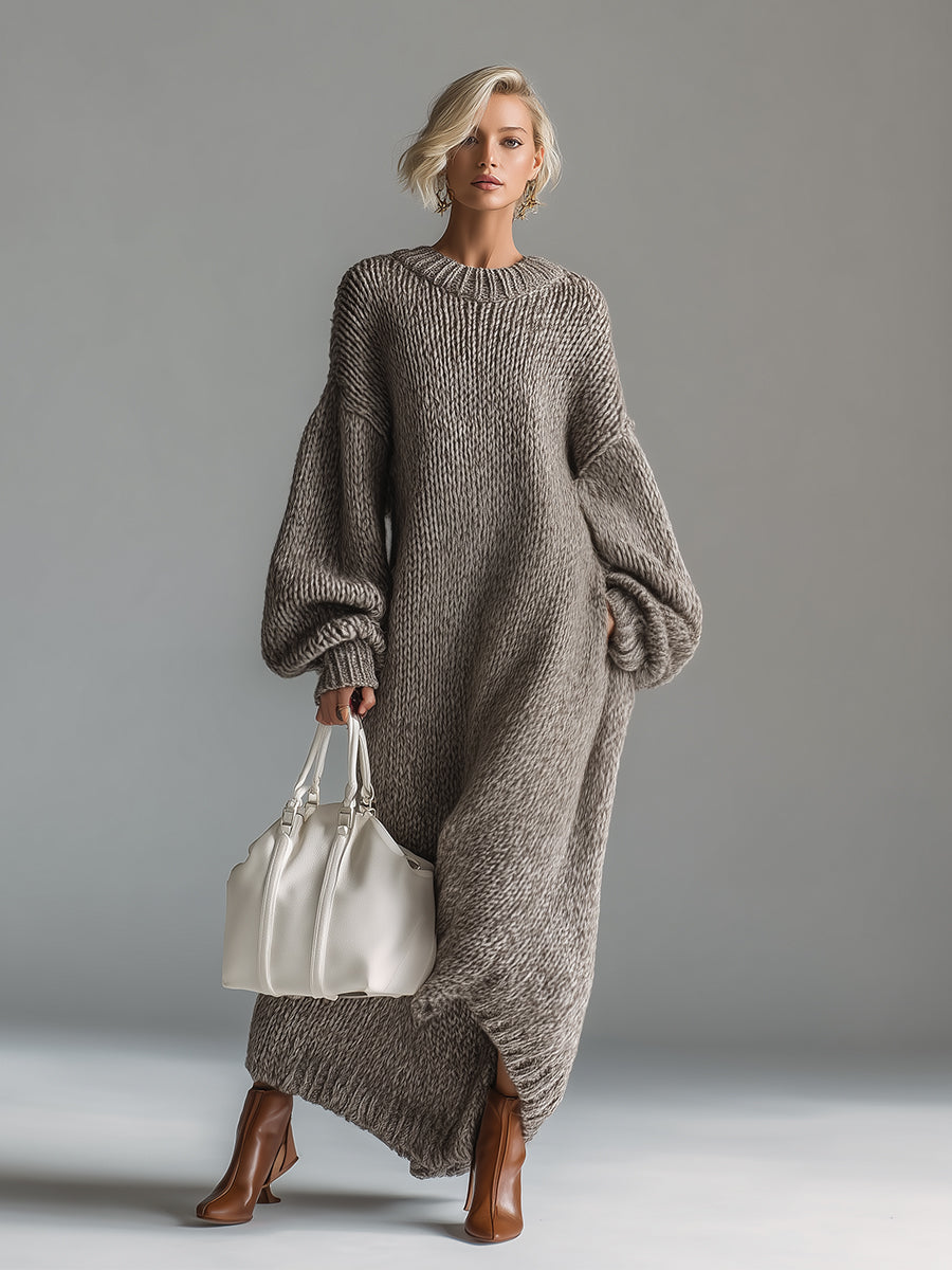Elegant Urban Silhouette Round Neck Heathered Khaki Knitted Maxi Dress