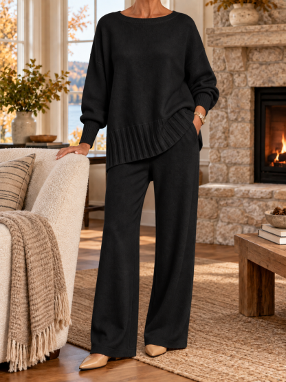 Women's Soft Knit Lounge Set – Relaxed Sweater & Wide-Leg Pants