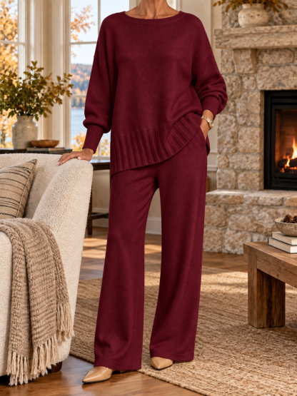 Women's Soft Knit Lounge Set – Relaxed Sweater & Wide-Leg Pants