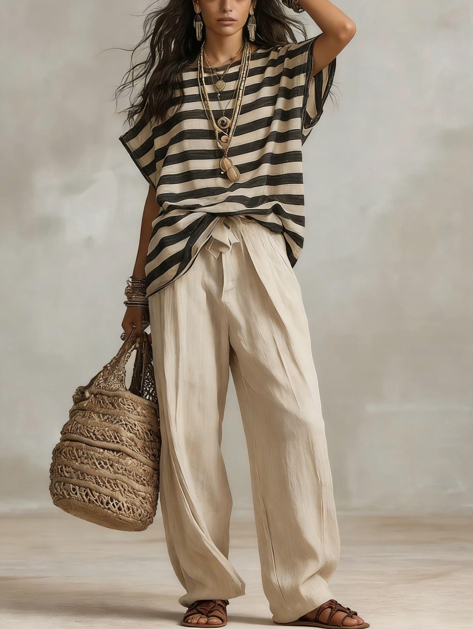 Bohemian-style Striped Cotton And Linen Suit