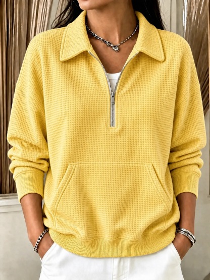 Women's Oversized Quarter Zip Waffle Pullover Sweatshirt