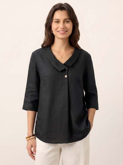 Women's 100% Linen Long-Sleeve Top with Asymmetric Neckline and Inverted Pleat