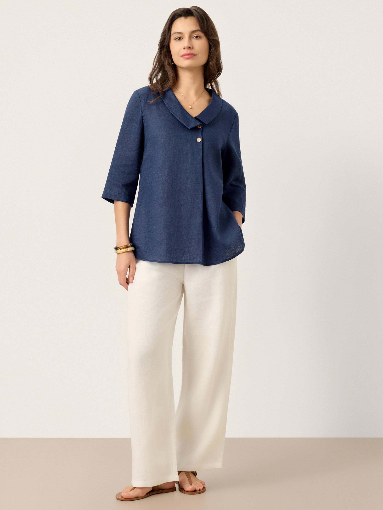 Women's 100% Linen Long-Sleeve Top with Asymmetric Neckline and Inverted Pleat