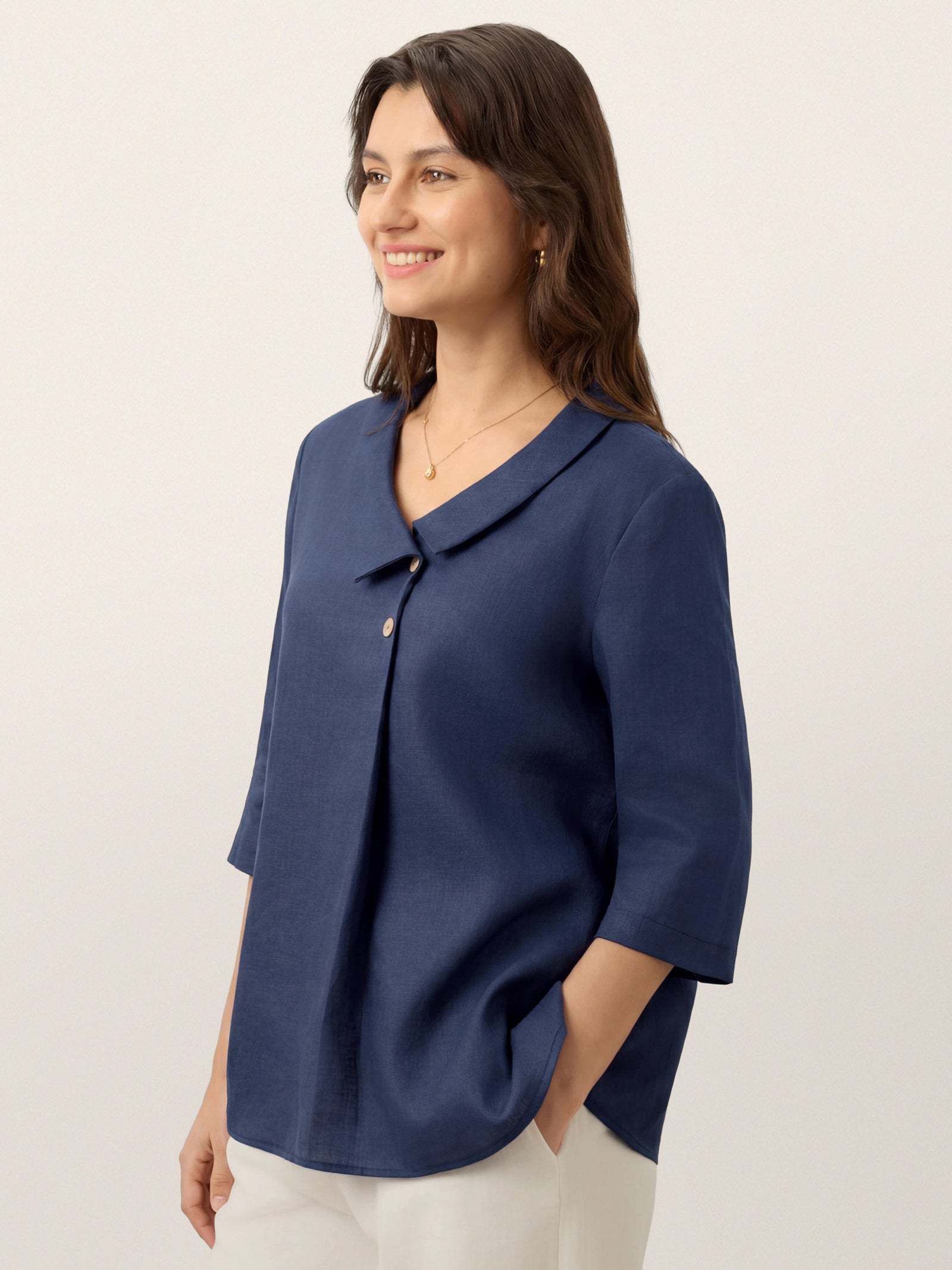 Women's 100% Linen Long-Sleeve Top with Asymmetric Neckline and Inverted Pleat
