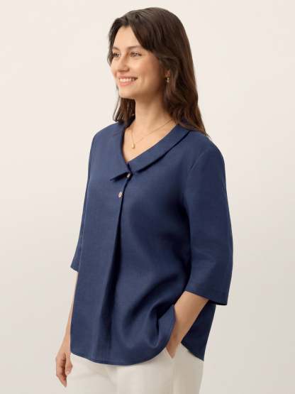 Women's 100% Linen Long-Sleeve Top with Asymmetric Neckline and Inverted Pleat
