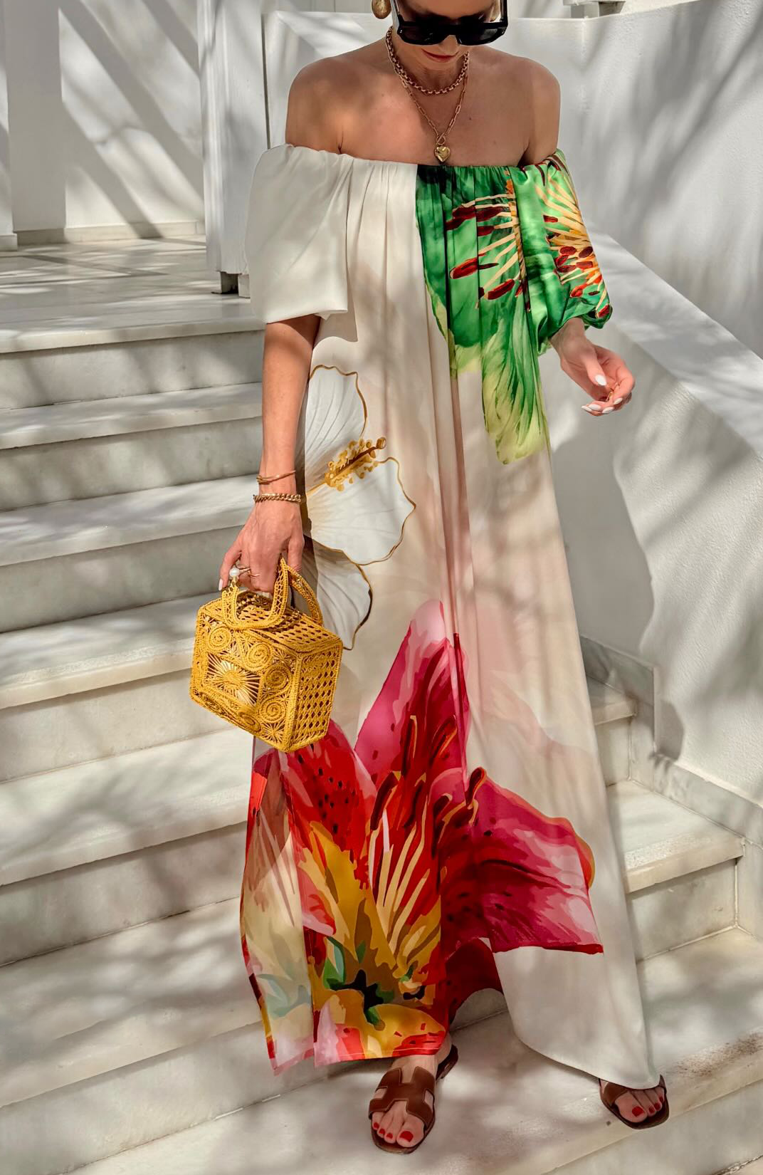 Floral Off-Shoulder Maxi Dress with Side Slit – Summer Resort Wear