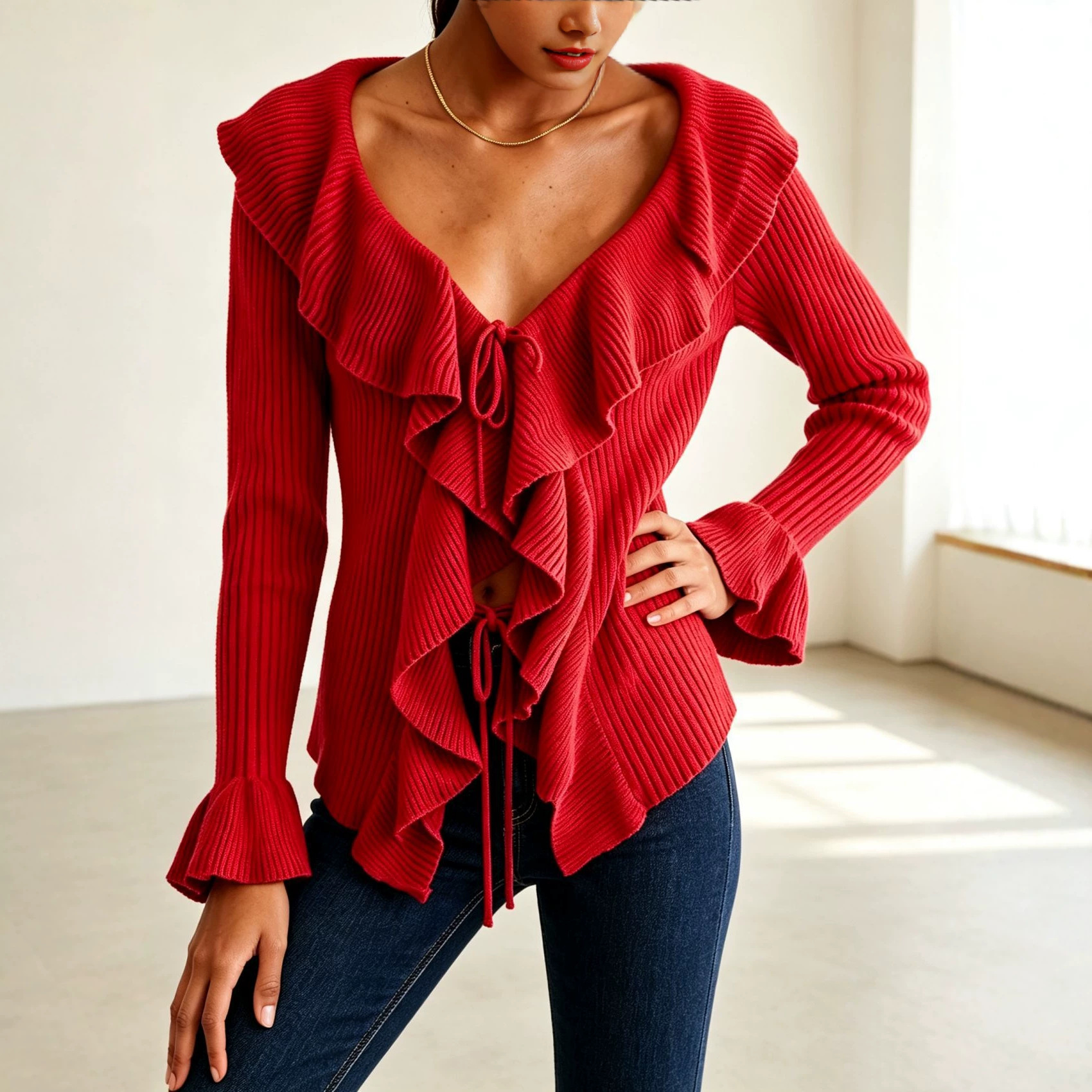 Women's Ruffled Tie-Front Ribbed Knit Cardigan