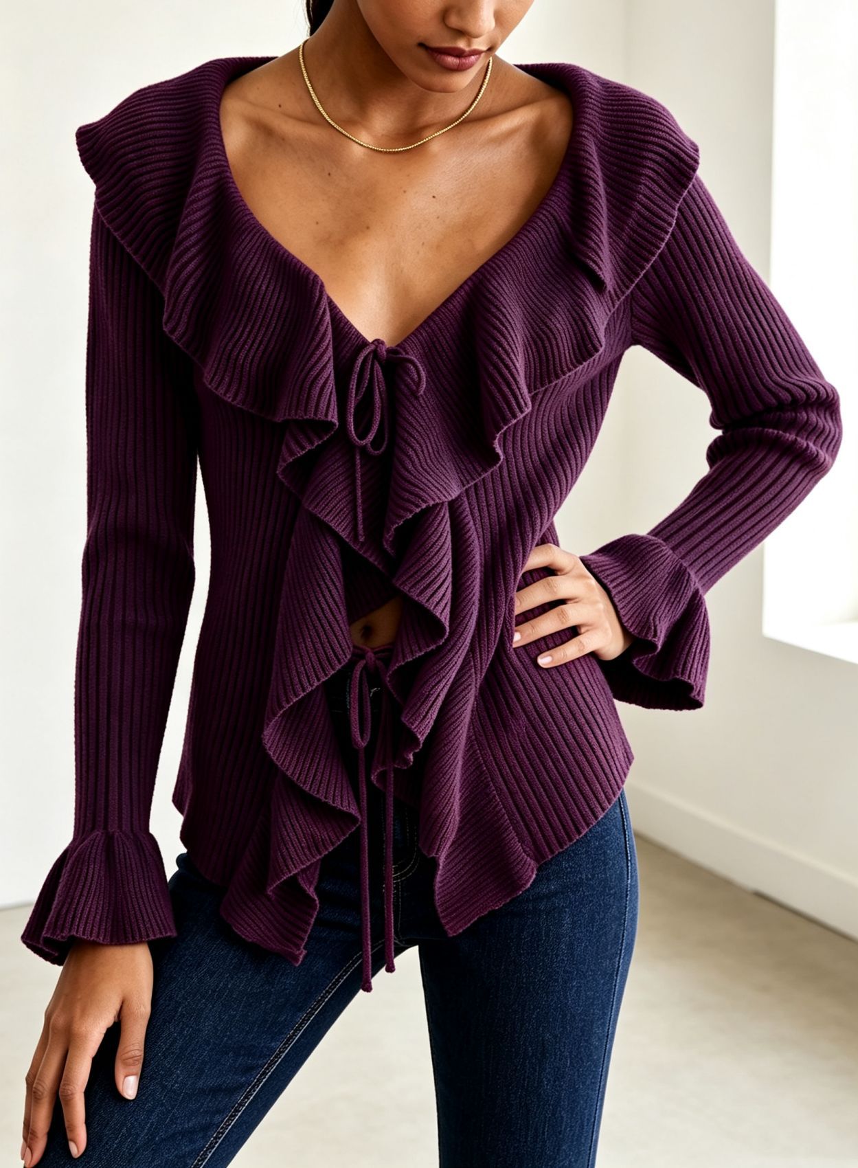 Women's Ruffled Tie-Front Ribbed Knit Cardigan