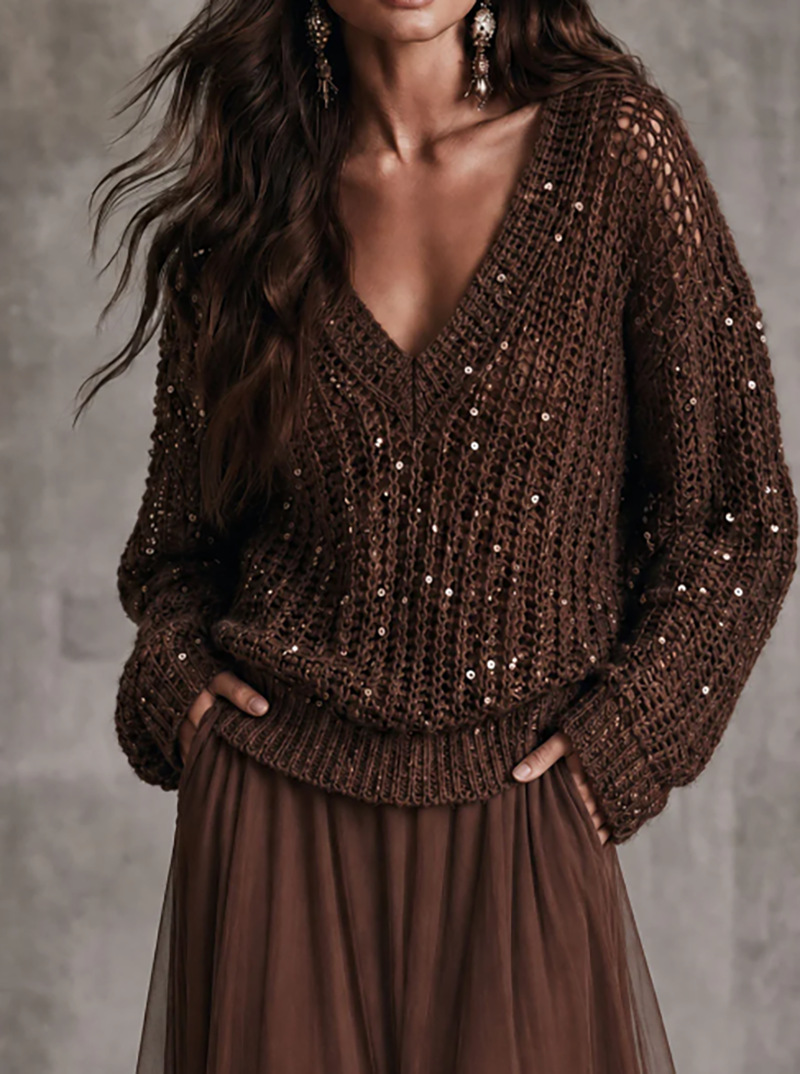 Women V‑Neck Hollow Mesh Sequin Embellished Oversized Long Sleeve Knit Sweater