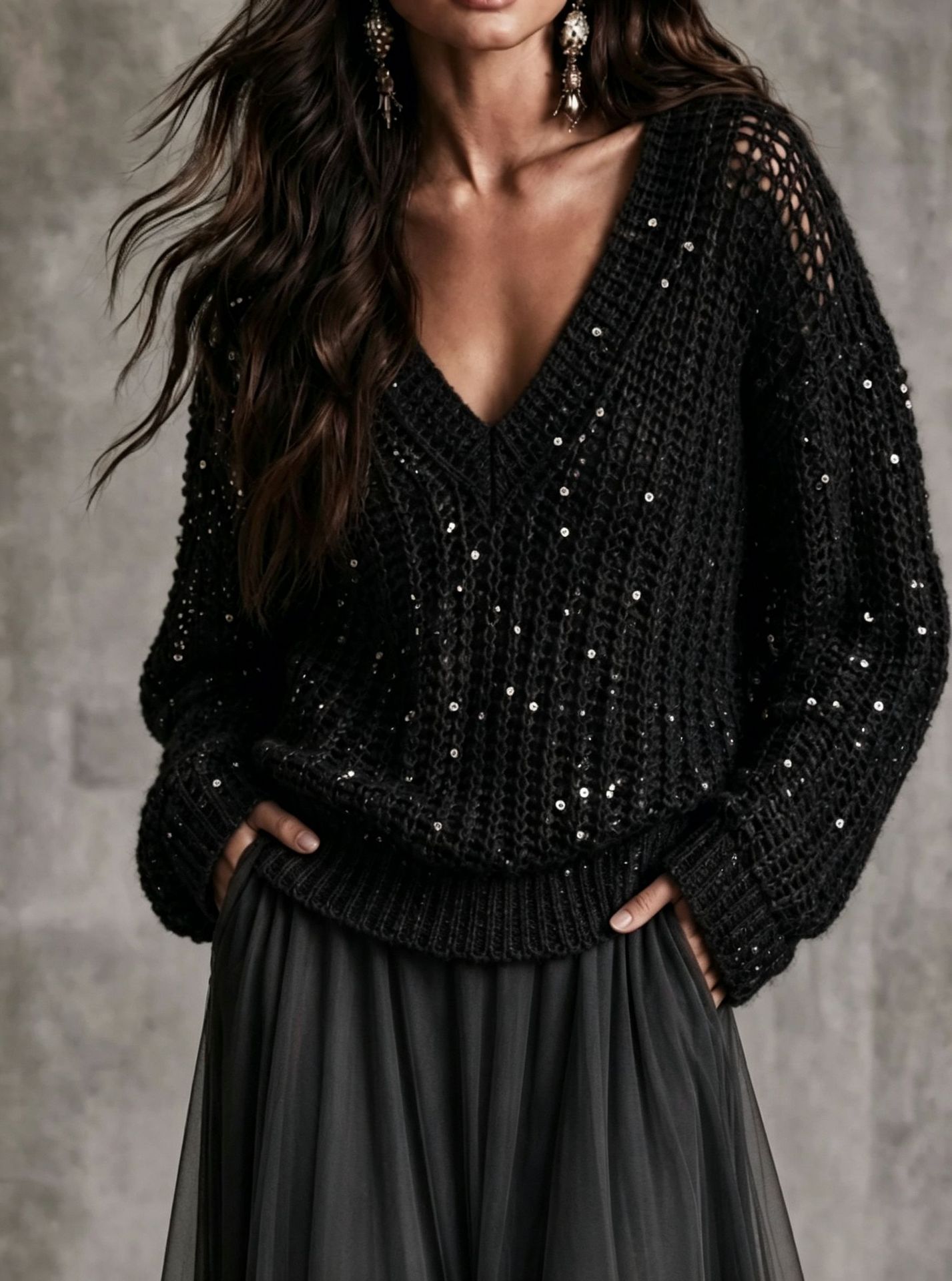 Women V‑Neck Hollow Mesh Sequin Embellished Oversized Long Sleeve Knit Sweater