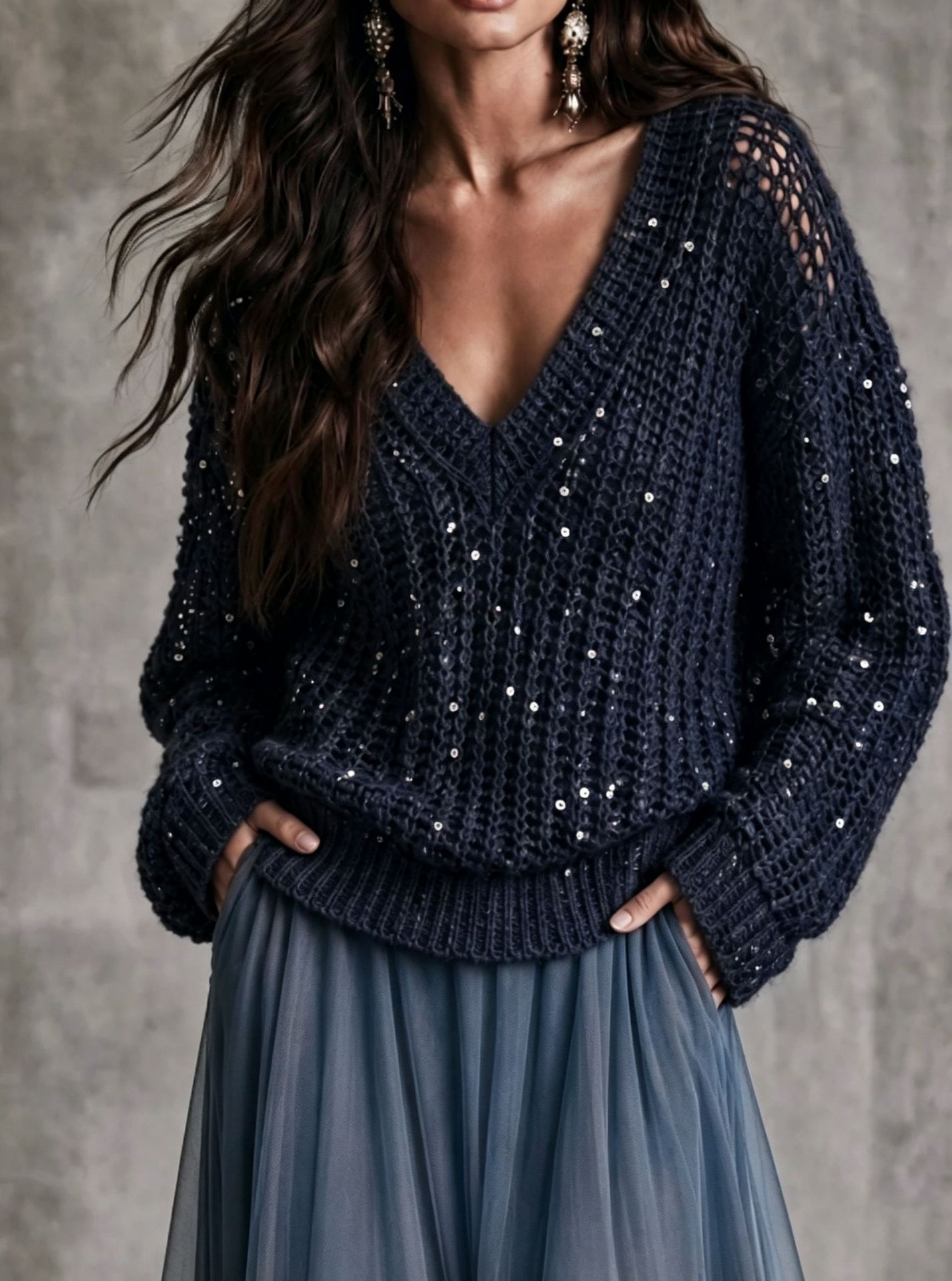Women V‑Neck Hollow Mesh Sequin Embellished Oversized Long Sleeve Knit Sweater