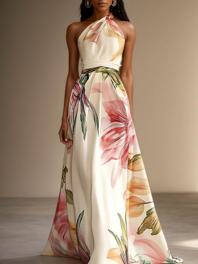 Pink Floral Satin One Shoulder Sleeveless A-Line Floor-length Gown With Pockets