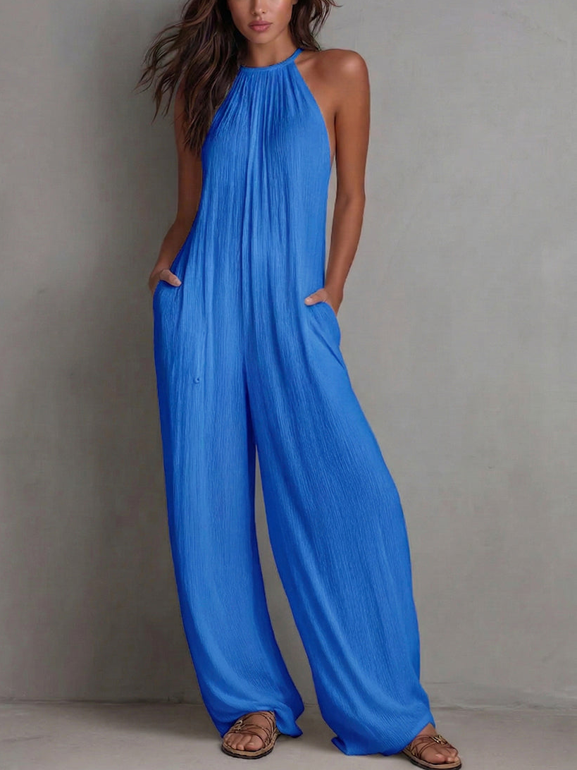 Minimalist Halter-neck Loose Cotton-linen Jumpsuit
