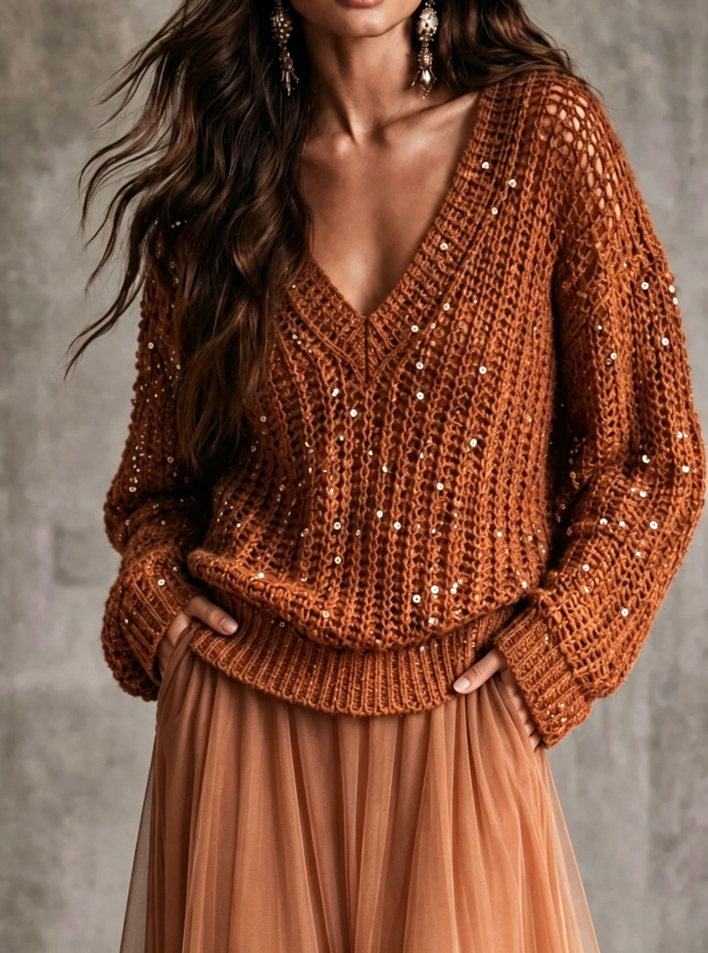 Women V‑Neck Hollow Mesh Sequin Embellished Oversized Long Sleeve Knit Sweater