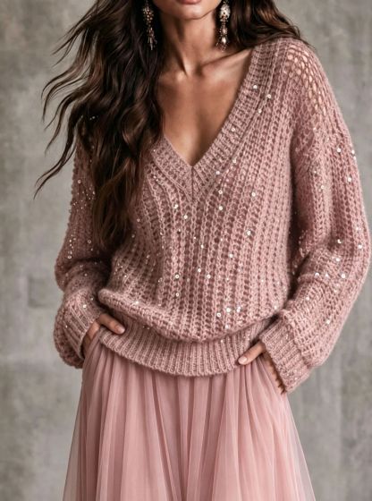 Women V‑Neck Hollow Mesh Sequin Embellished Oversized Long Sleeve Knit Sweater