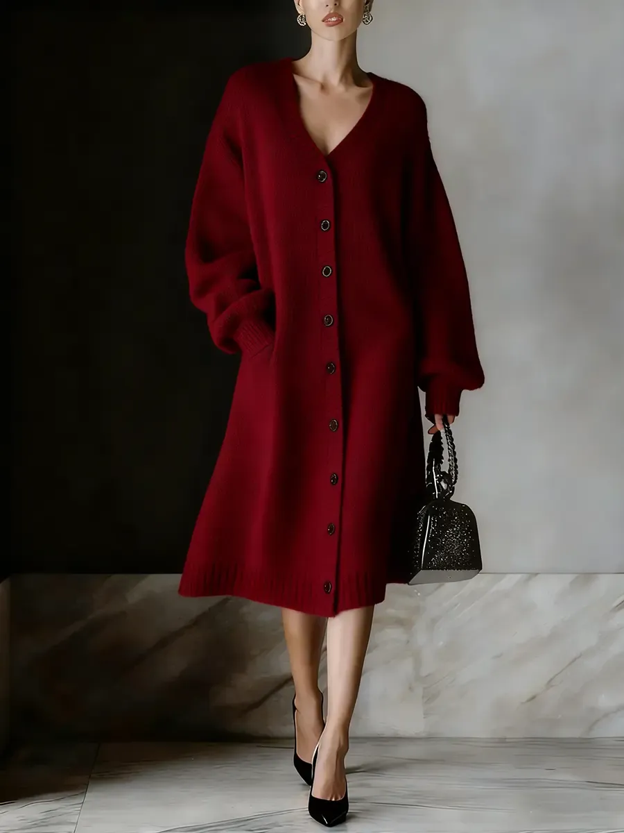 Women's Solid Color V-neck Long Sleeve Casual Loose Cardigan Dress