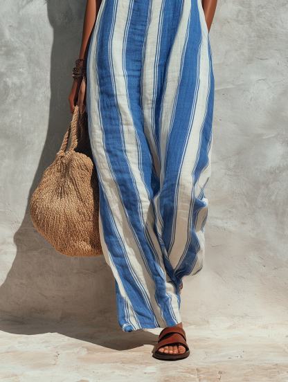 Women's Minimalist Vacation-style Striped Printed Suspender Jumpsuit MDZ1085B0Y