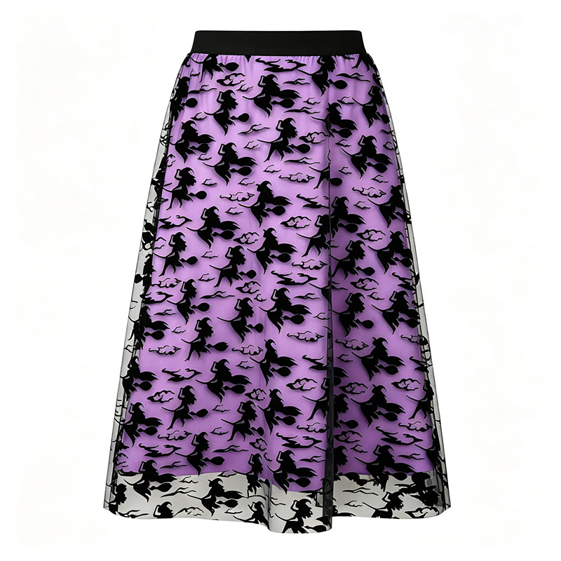 Polyester Women's High-waisted Casual Loose Halloween-themed Flocked Print Mesh A-line Skirt