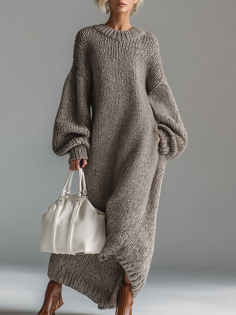 Elegant Urban Silhouette Round Neck Heathered Khaki Knitted Maxi Dress