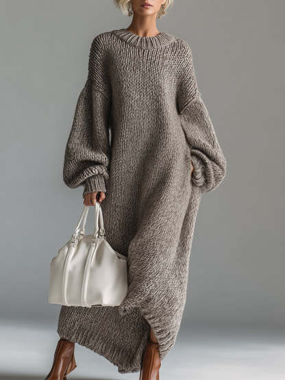 Elegant Urban Silhouette Round Neck Heathered Khaki Knitted Maxi Dress