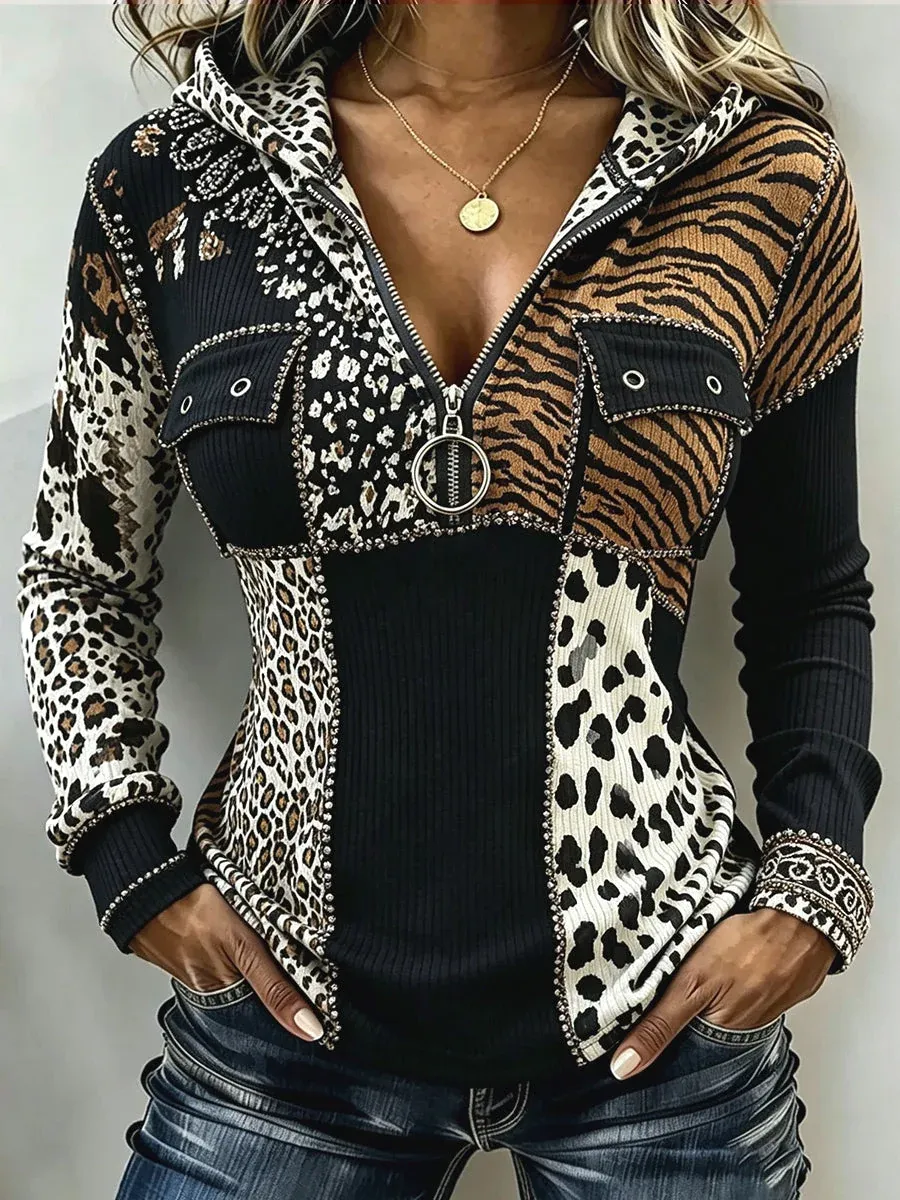 Chic Leopard-print Ombre Ribbed Knit Hoodie