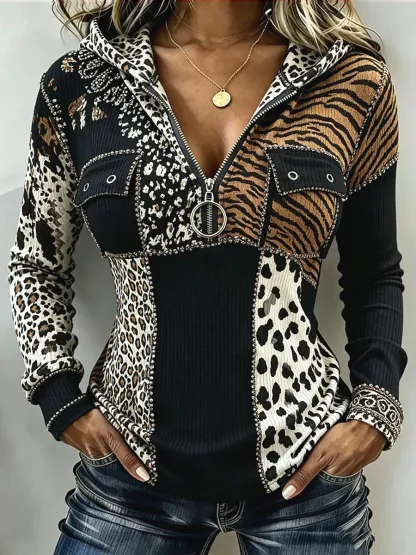 Chic Leopard-print Ombre Ribbed Knit Hoodie