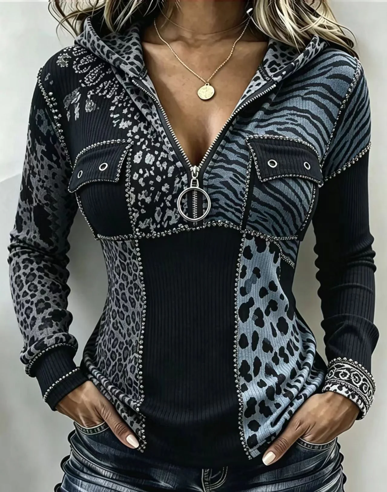 Chic Leopard-print Ombre Ribbed Knit Hoodie