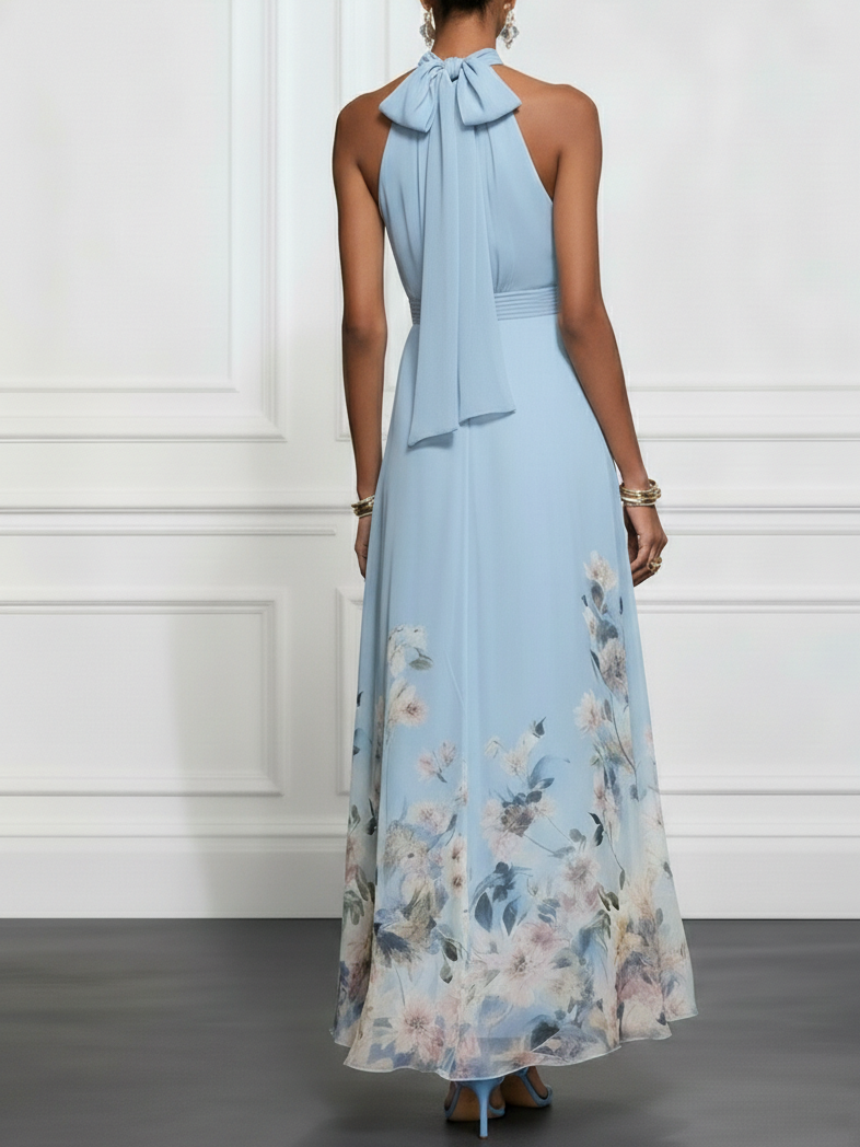 Light Blue Floral Chiffon Halter Sleeveless A-Line Maxi Dress