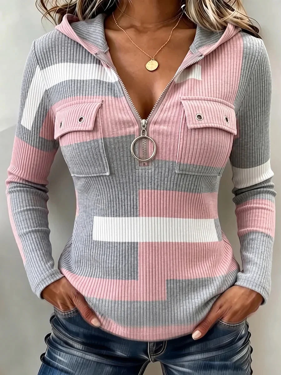 Chic Leopard-print Ombre Ribbed Knit Hoodie