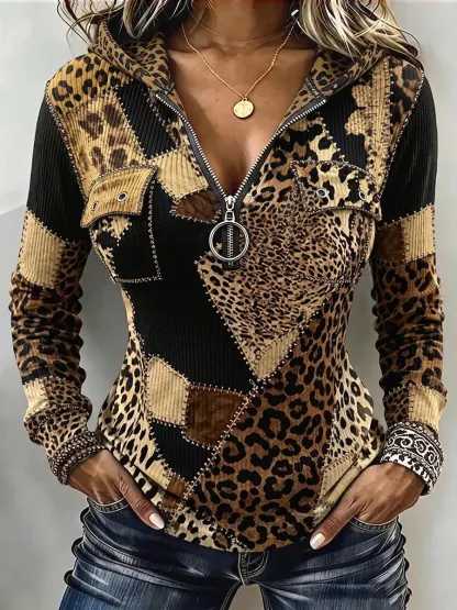 Chic Leopard-print Ombre Ribbed Knit Hoodie
