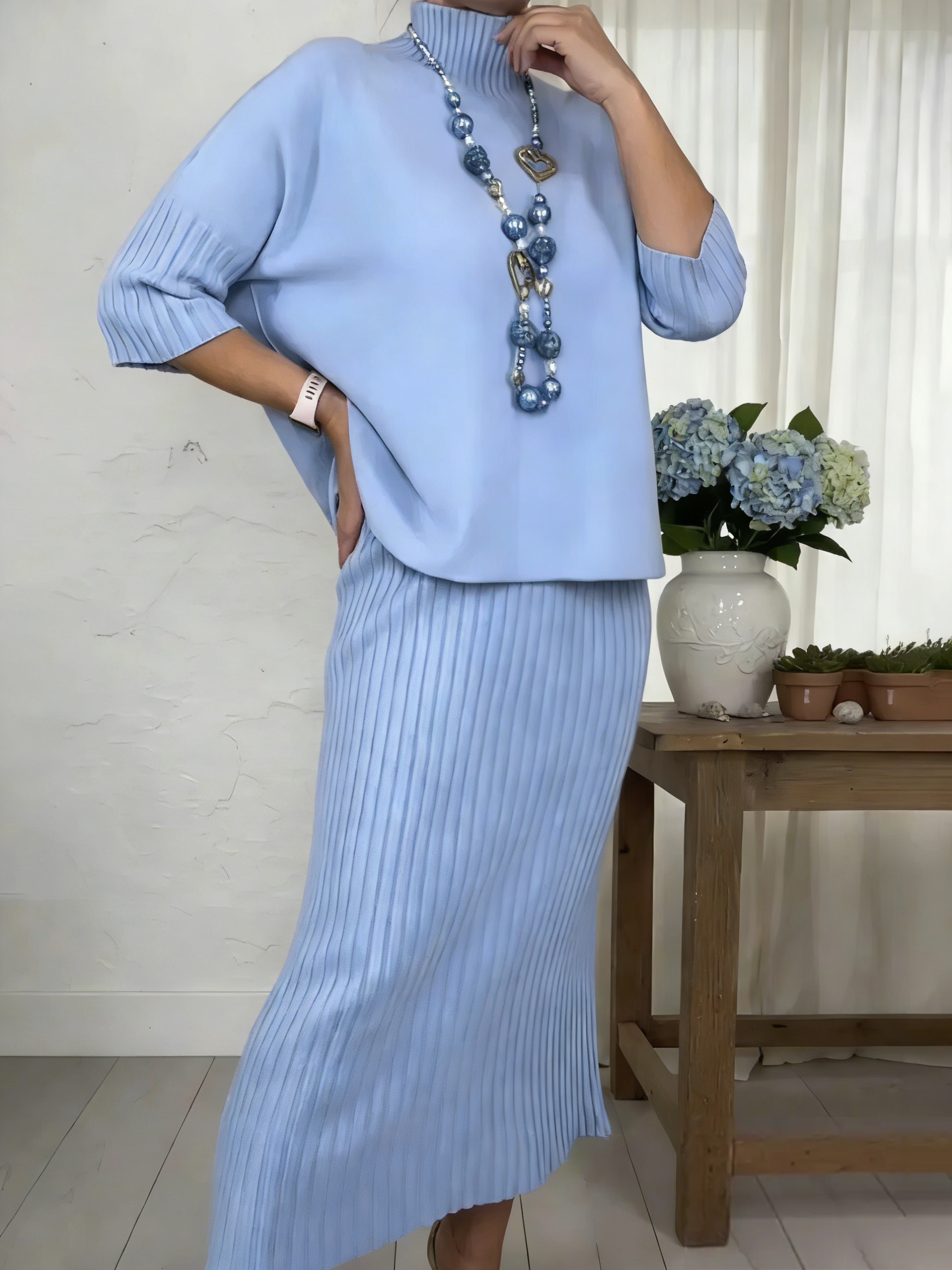 Elegant Knitted Turtleneck Sweater And Skirt Two-piece Set