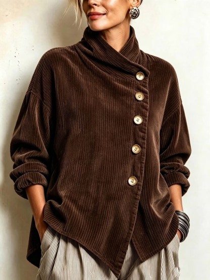 Chic High Funnel Neck Asymmetric Corduroy Top