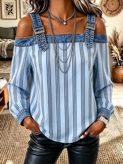 Women's Adjustable Strap Striped Long Sleeve Loose Casual Shirt
